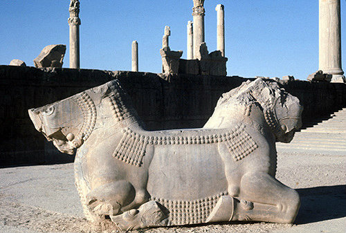 Iran, formerly Persia, Persepolis, capital of the Achaemenid Empire, remains of double-lion column capital,